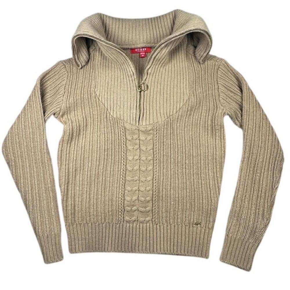 GUESS Sweater Cable Ribbed Half Zip Tan XS